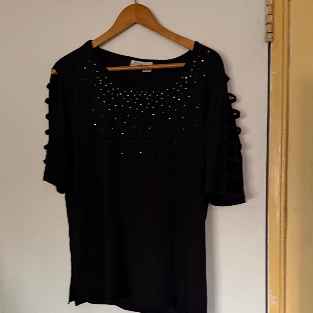 INC International Concepts Black Studded Short Sleeve Top